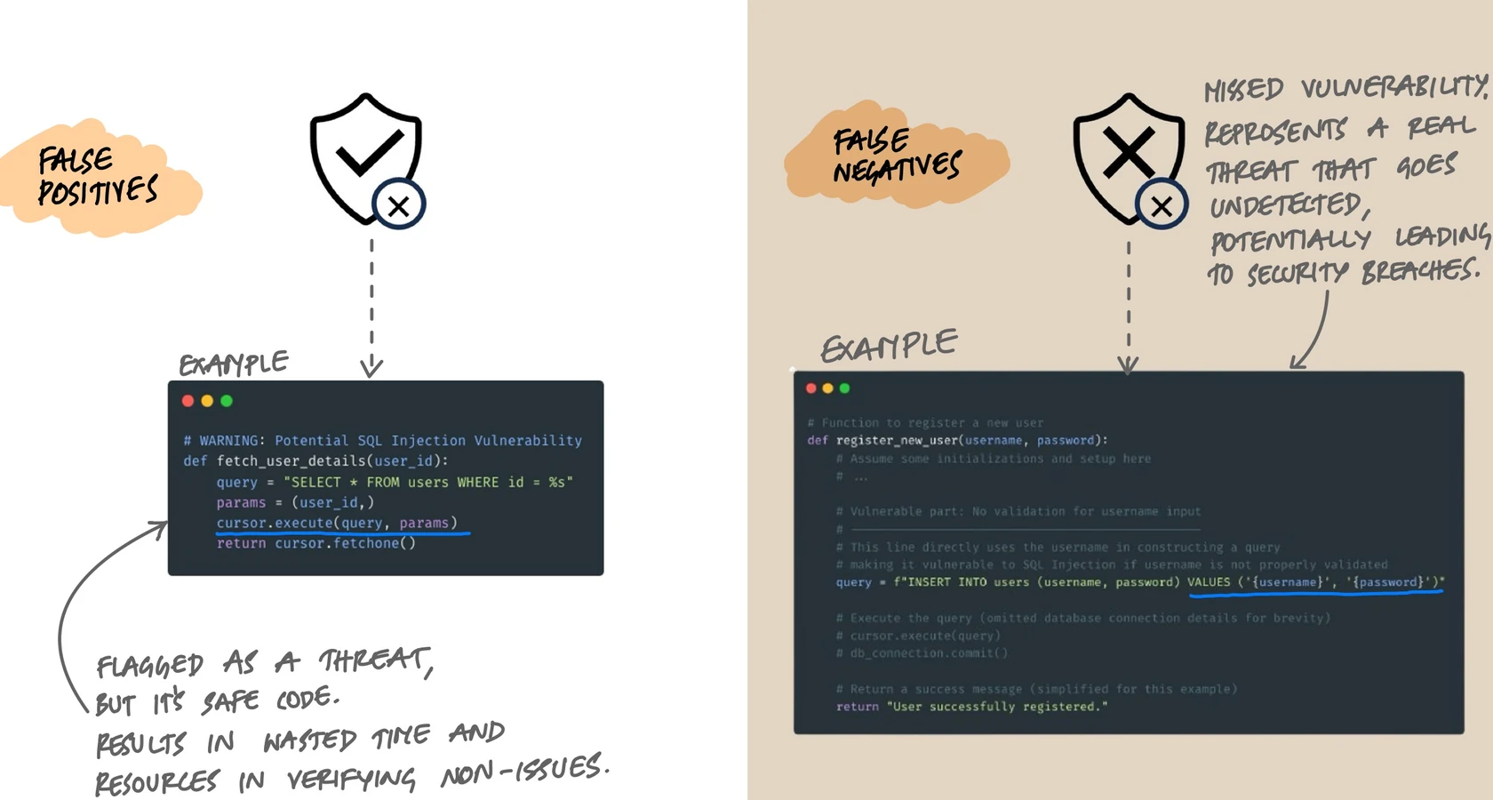 False positives versus false negatives in static analysis: a false positive flags safe code as vulnerable, like parameterized SQL that uses bound parameters correctly, wasting developer time on verification. A false negative misses actual vulnerabilities, like string concatenation in SQL queries that creates real injection risks